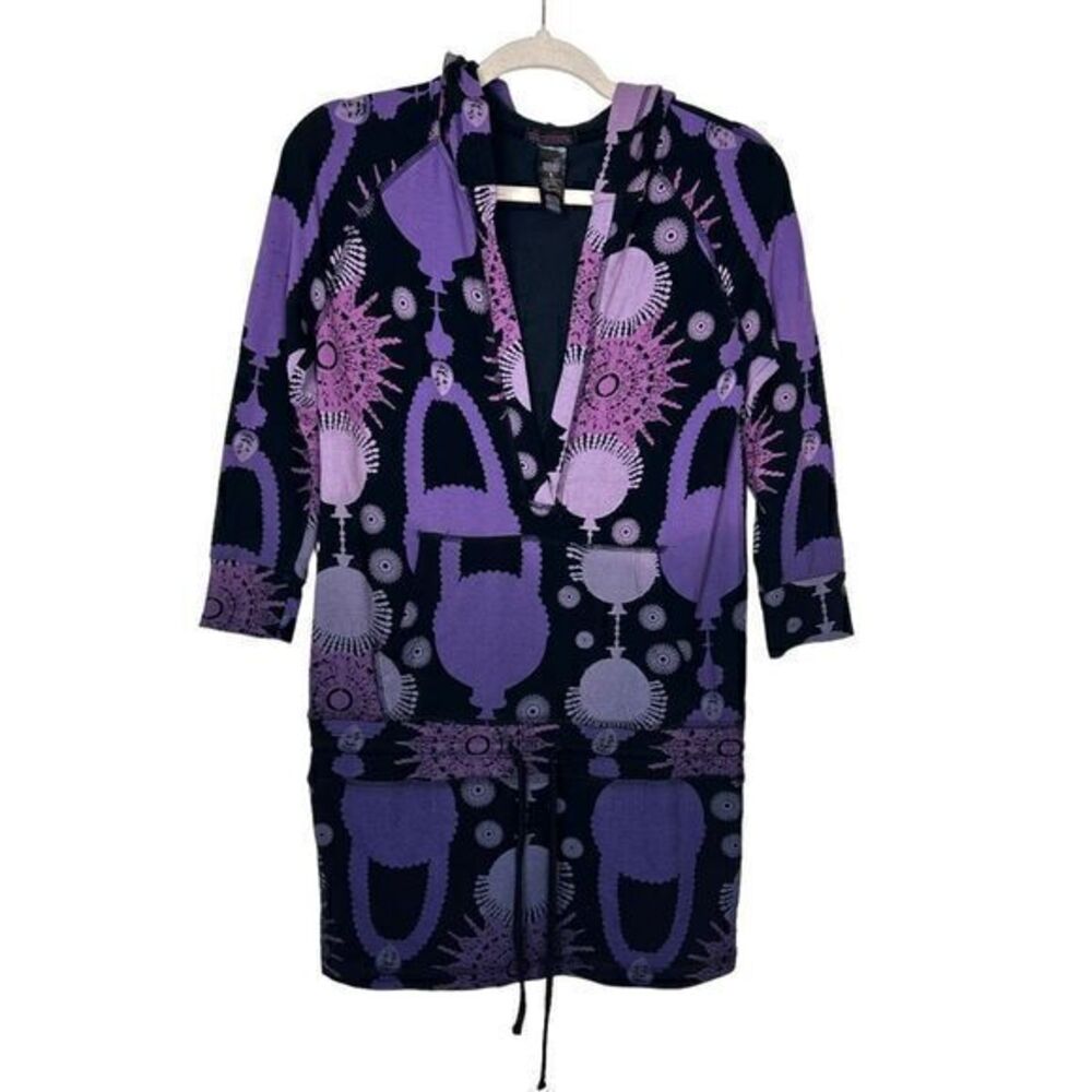 Custo Barcelona Sweatshirt Womens XS Black Purple Floral Pullover Hoodie Tunic 1